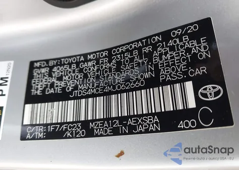 2021 Toyota Corolla Se z USA, uszkodzony, nr VIN JTDS4MCE4MJ062660